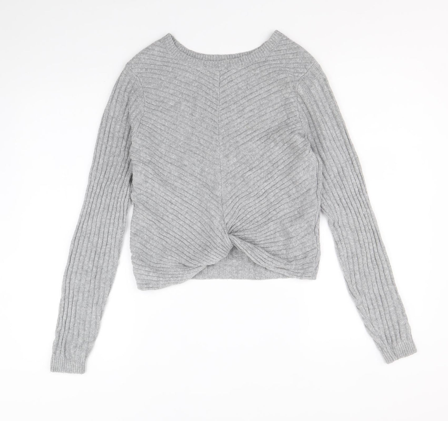 Hollister Womens Grey Boat Neck Acrylic Pullover Jumper Size M - Ribbed Knot Front