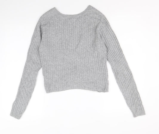 Hollister Womens Grey Boat Neck Acrylic Pullover Jumper Size M - Ribbed Knot Front
