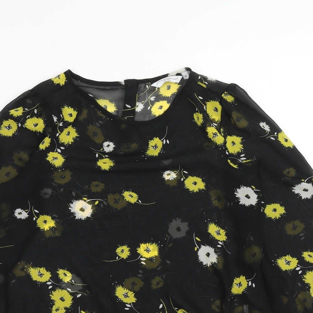 New Look Womens Black Floral Polyester Basic Blouse Size 10 Round Neck - Knot Front