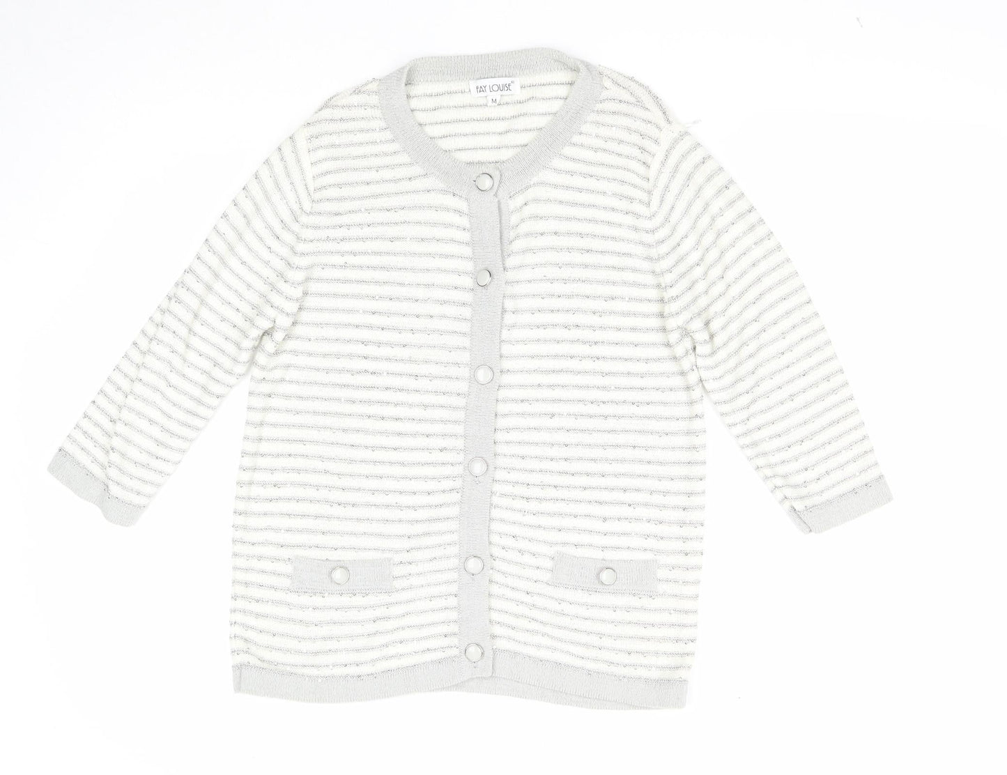 Fay Louise Womens White Round Neck Striped Acetate Cardigan Jumper Size M
