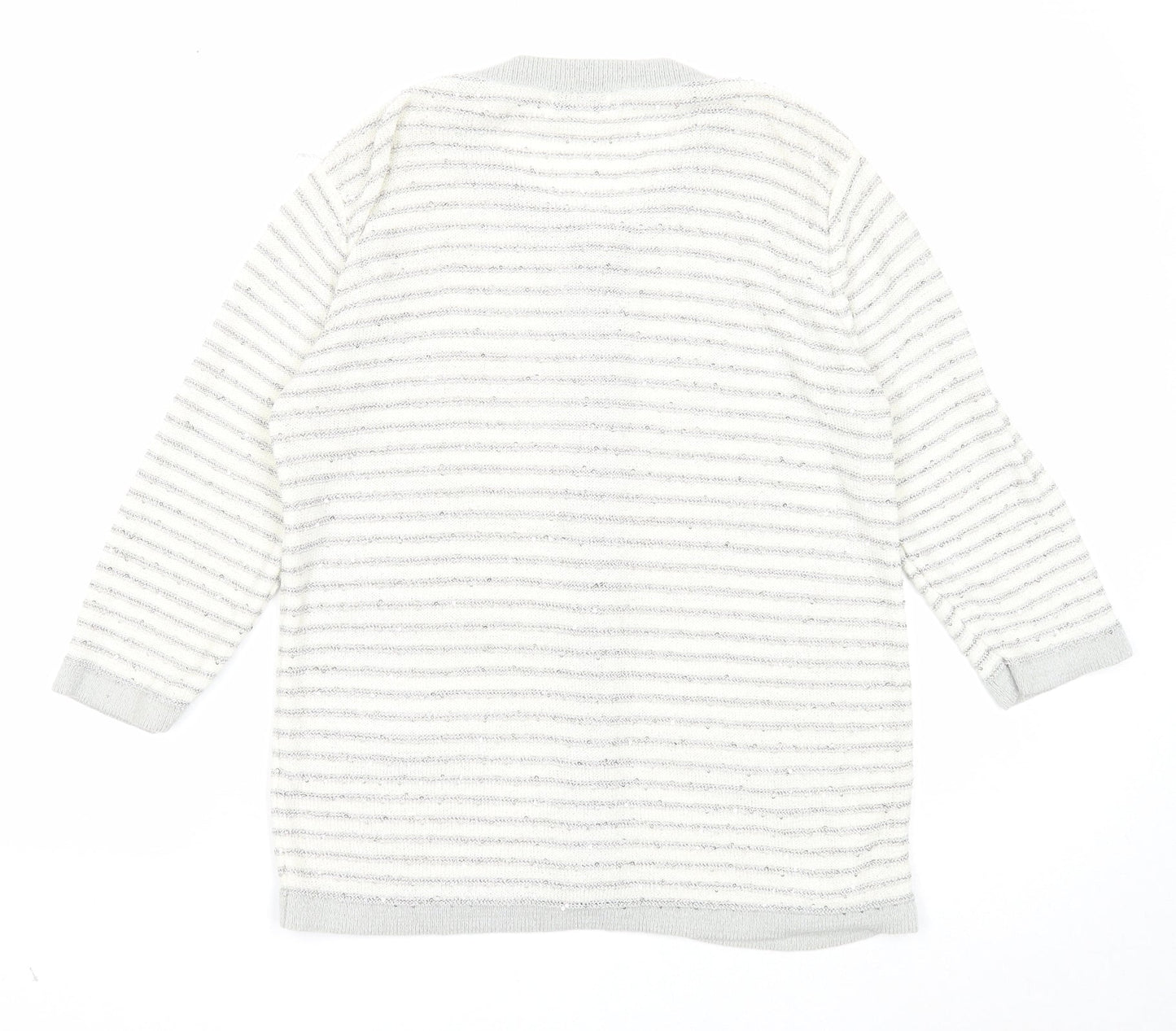 Fay Louise Womens White Round Neck Striped Acetate Cardigan Jumper Size M