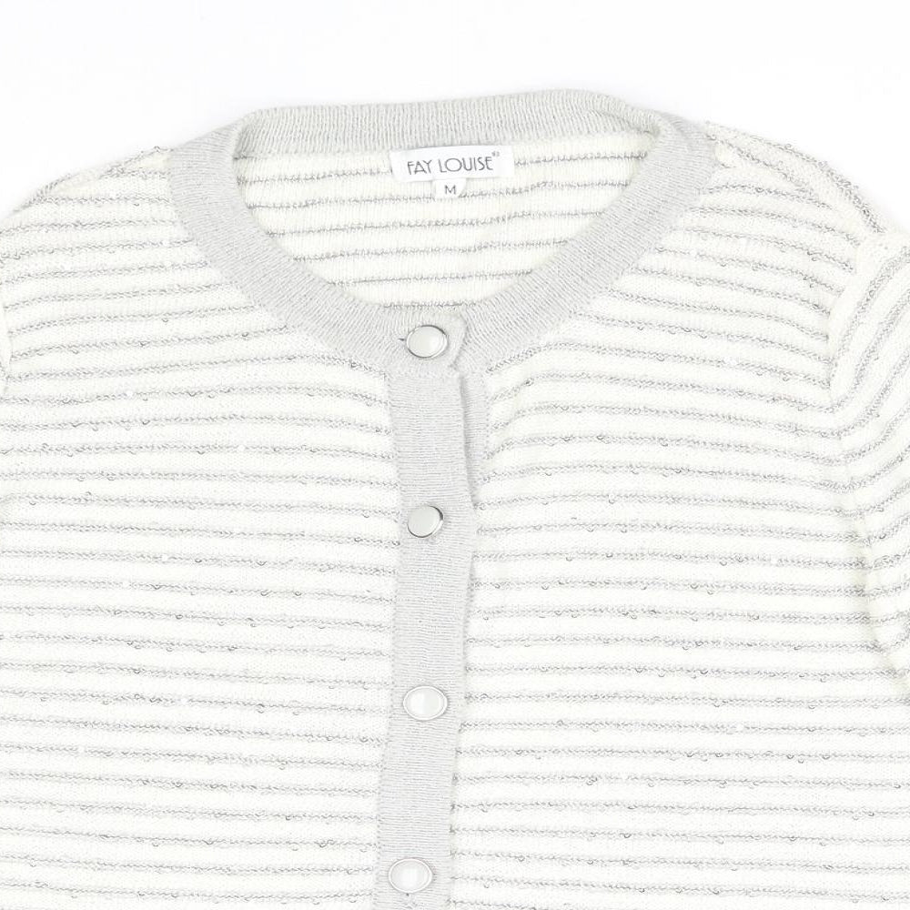 Fay Louise Womens White Round Neck Striped Acetate Cardigan Jumper Size M