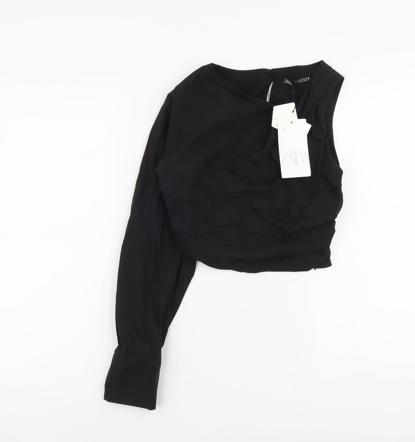 Zara Womens Black Polyester Cropped Blouse Size XS One Shoulder - Ruched