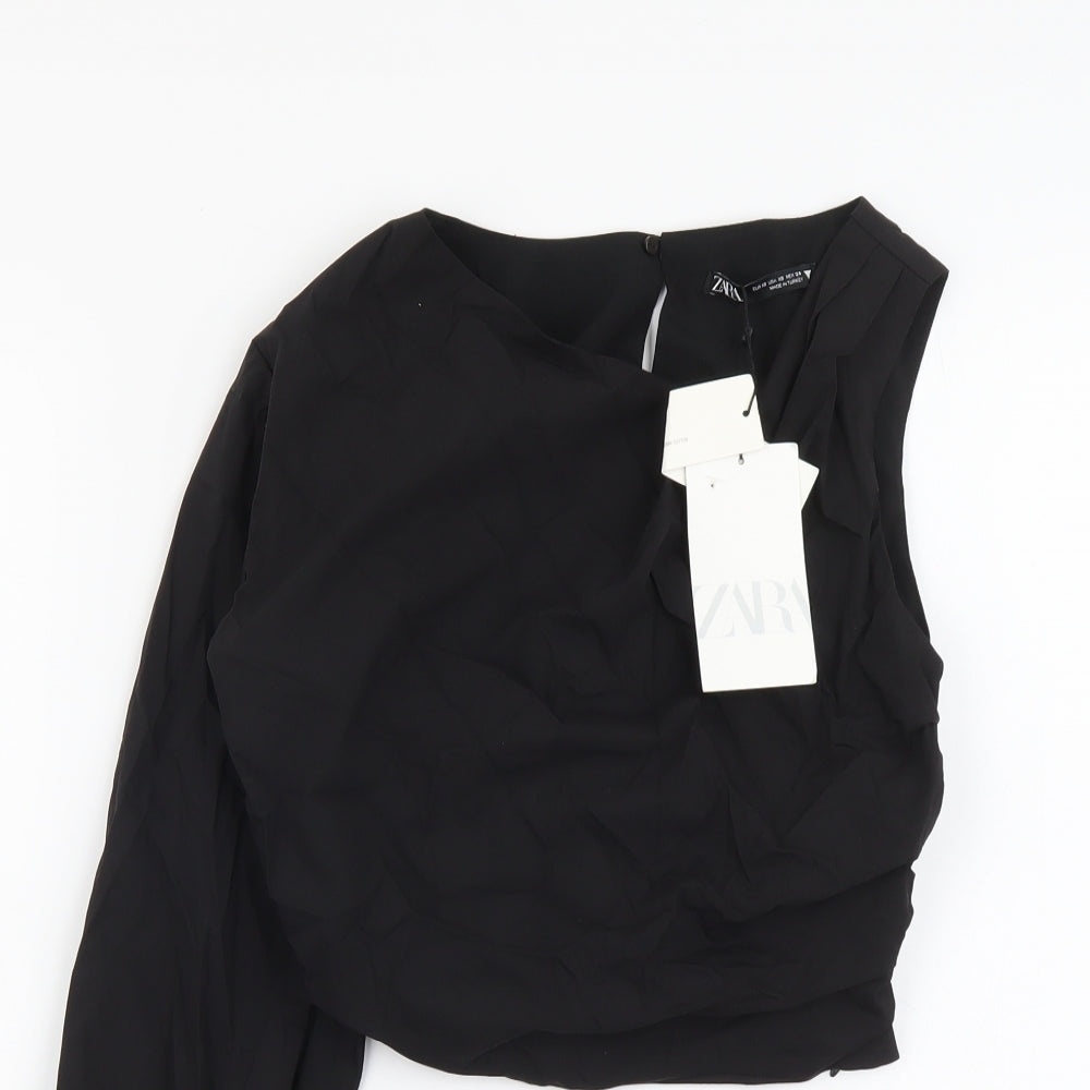 Zara Womens Black Polyester Cropped Blouse Size XS One Shoulder - Ruched