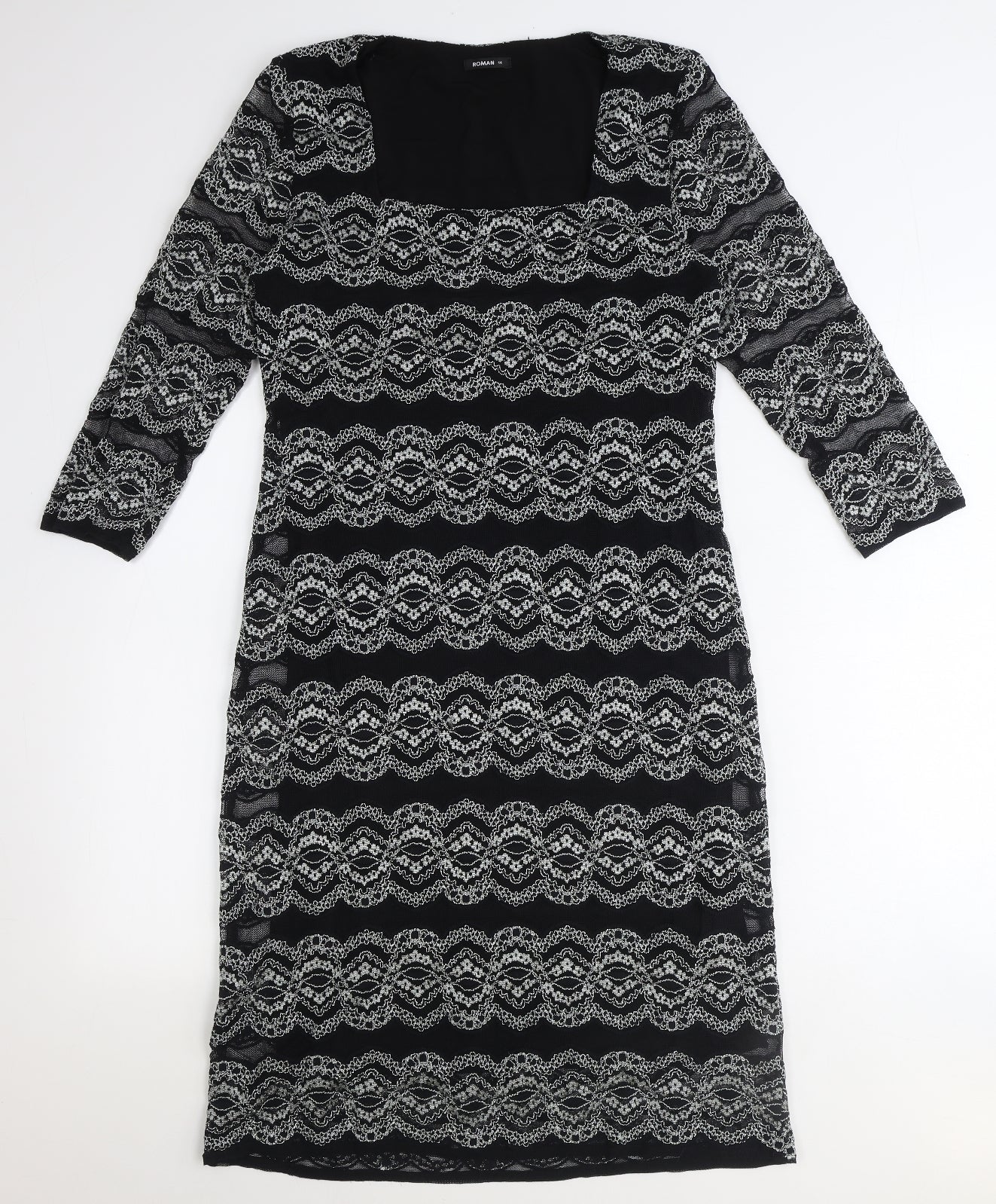 Roman Womens Black Geometric Polyamide A-Line Size 14 Square Neck Pullover