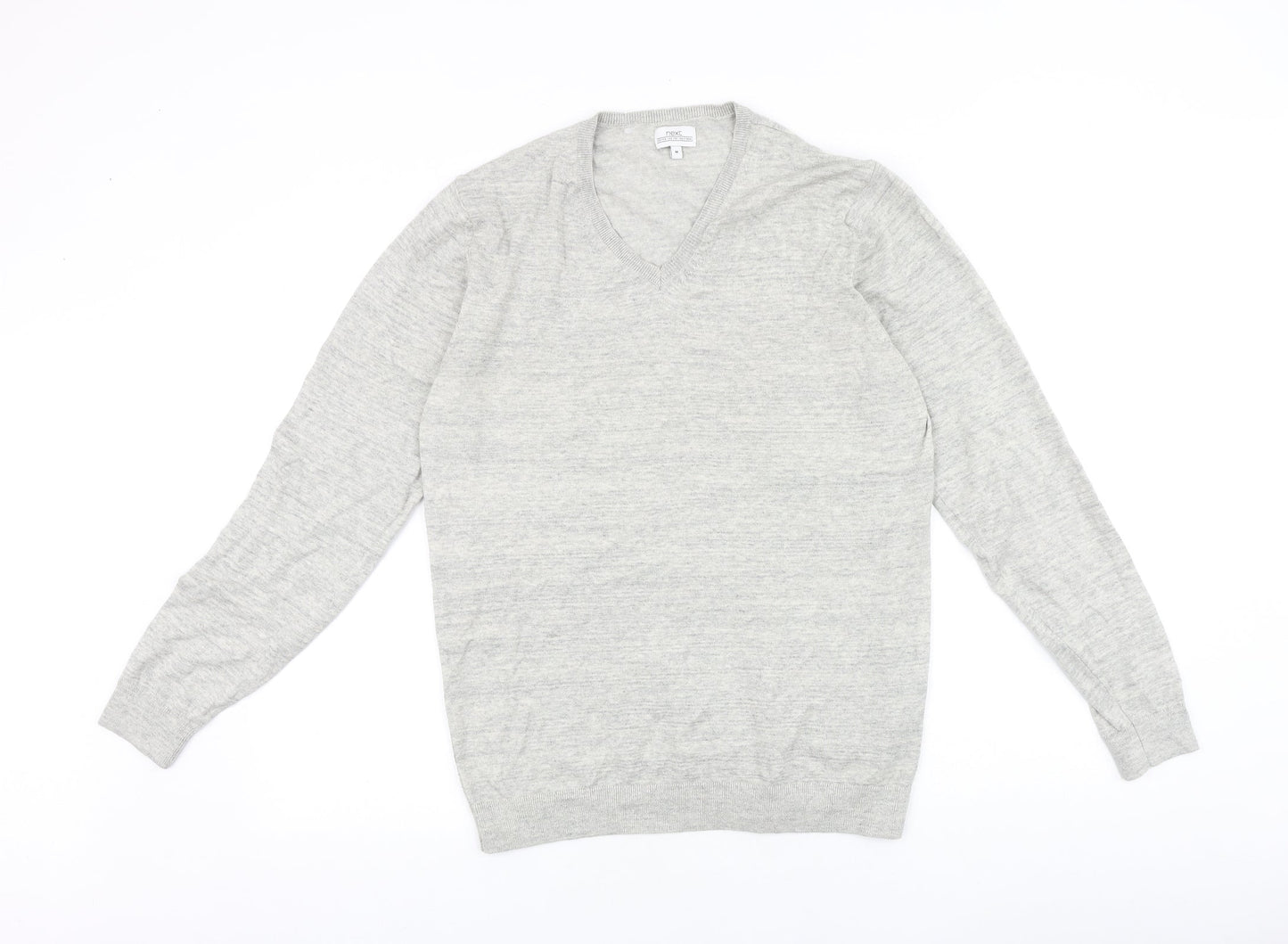 NEXT Mens Grey V-Neck Cotton Pullover Jumper Size M Long Sleeve