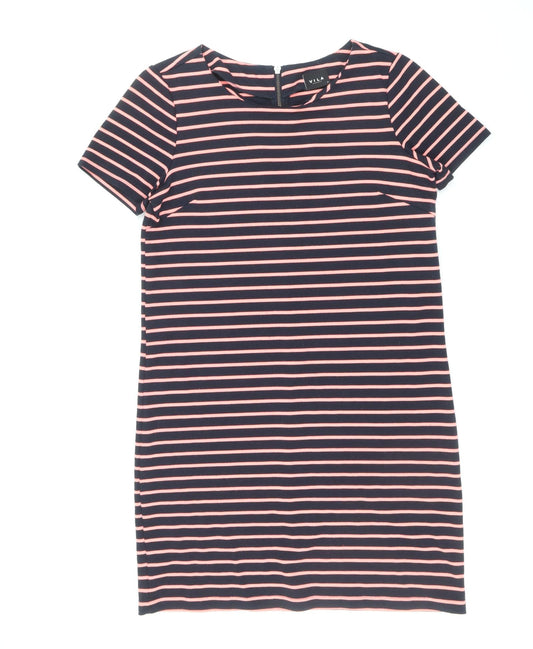 VILA Womens Blue Striped Polyester T-Shirt Dress Size M Round Neck Zip