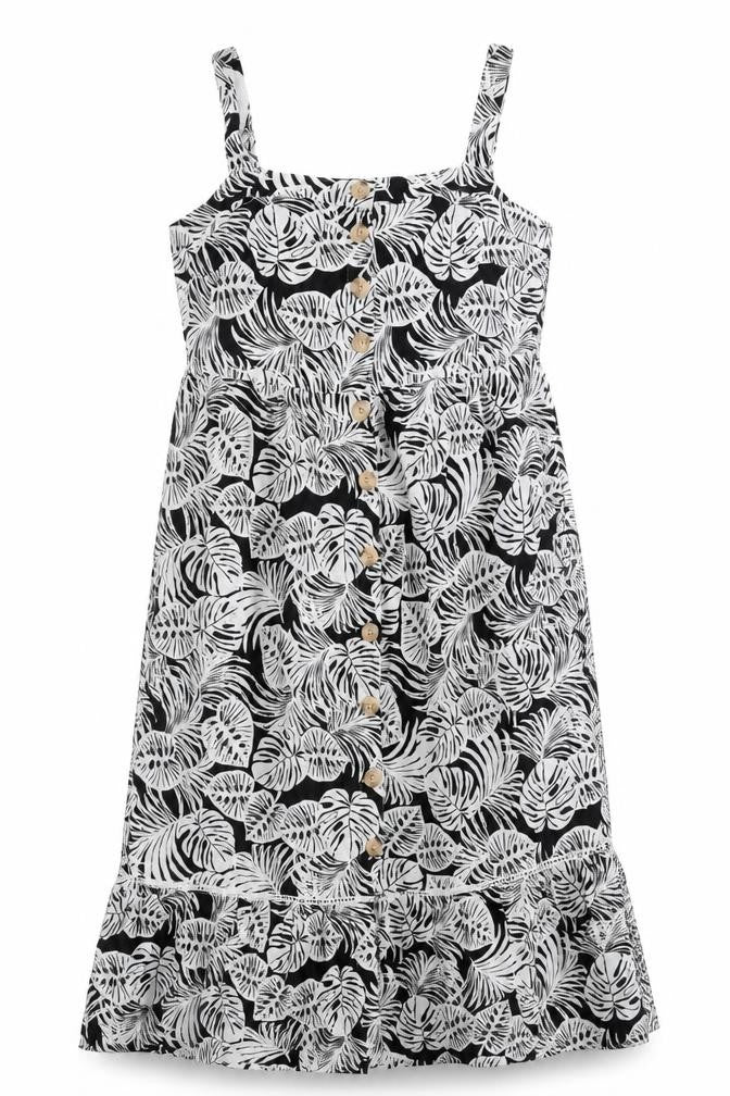 Marks and Spencer Womens Black Floral Cotton Tank Dress Size 12 Scoop Neck Button