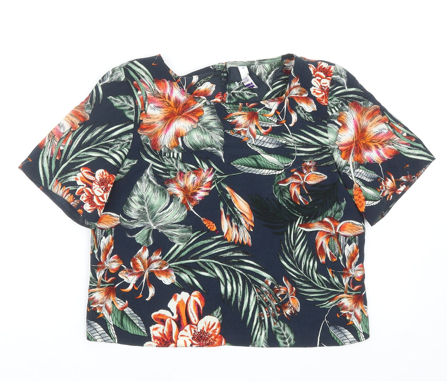 Debenhams Womens Blue Floral Polyester Cropped T-Shirt Size 10 Scoop Neck