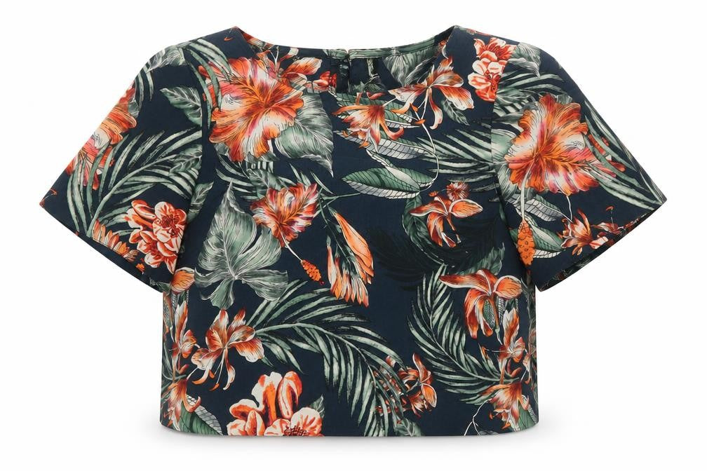 Debenhams Womens Blue Floral Polyester Cropped T-Shirt Size 10 Scoop Neck