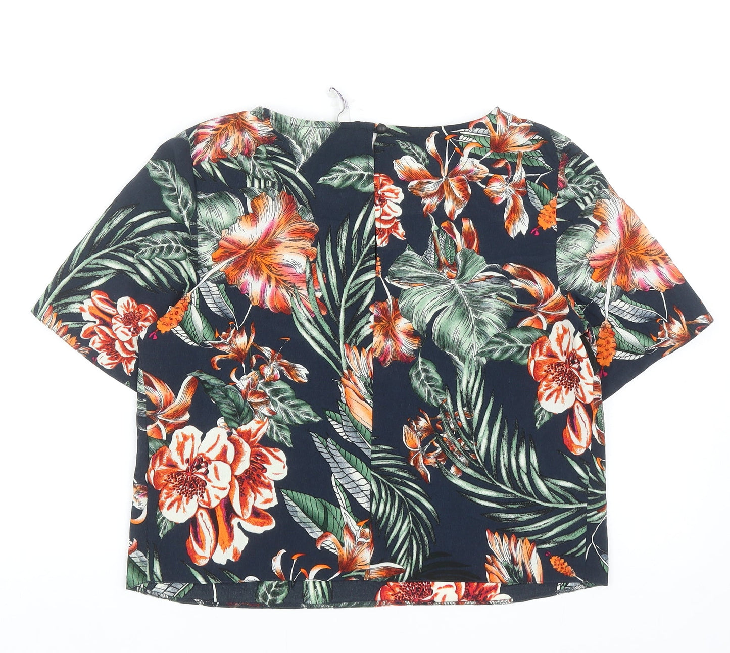 Debenhams Womens Blue Floral Polyester Cropped T-Shirt Size 10 Scoop Neck