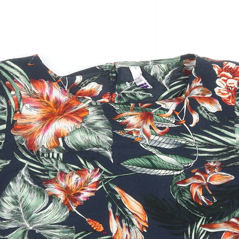 Debenhams Womens Blue Floral Polyester Cropped T-Shirt Size 10 Scoop Neck