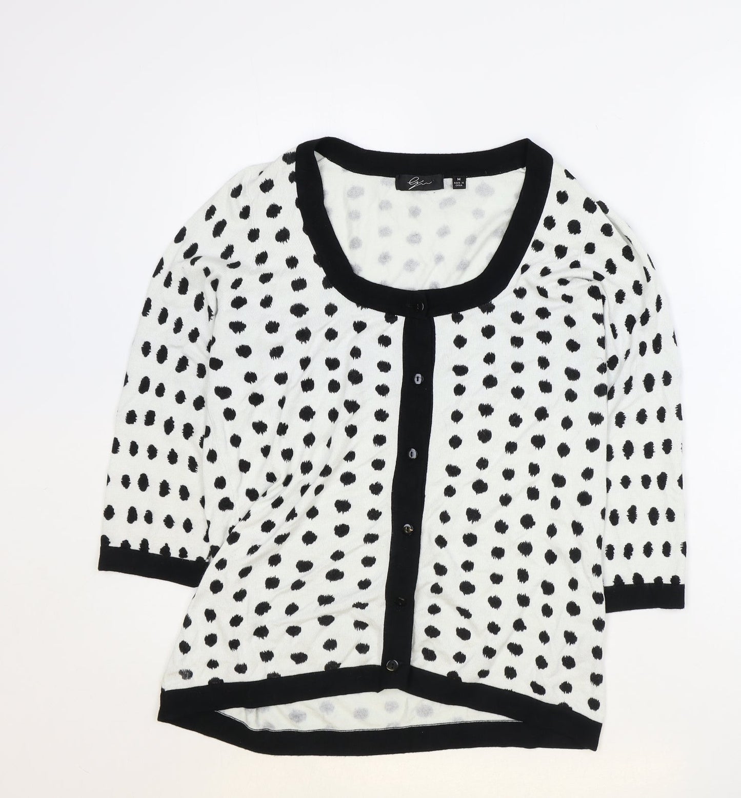Preworn Womens White Round Neck Polka Dot Rayon Cardigan Jumper Size M