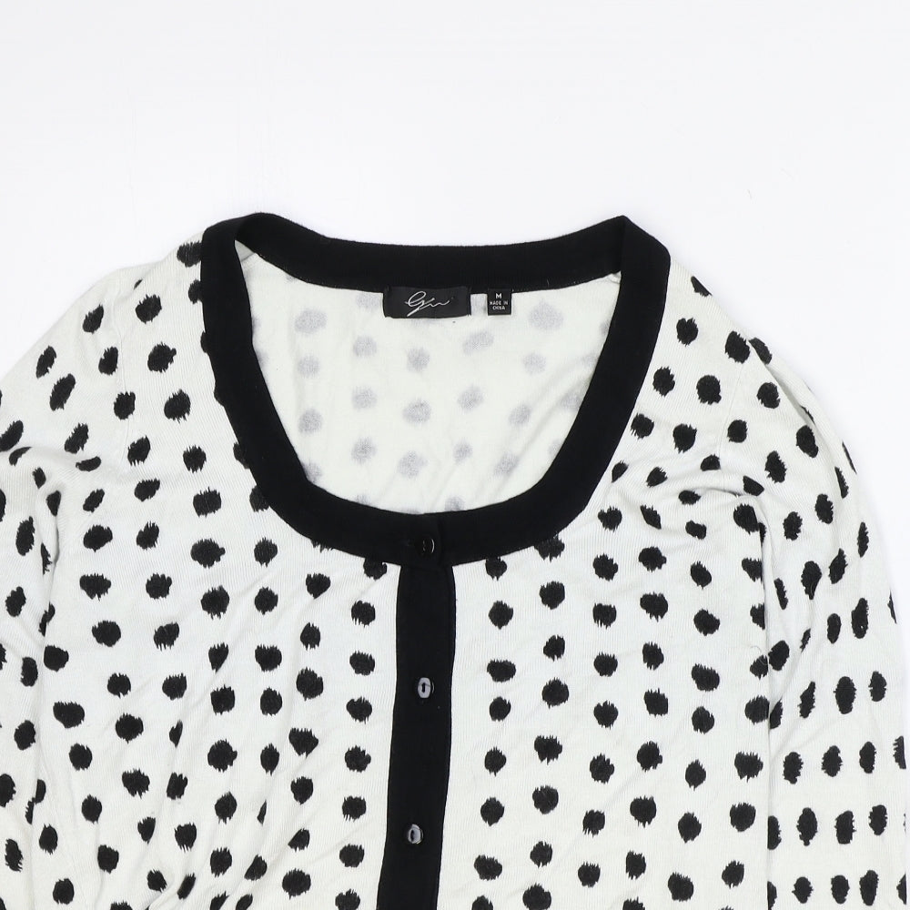 Preworn Womens White Round Neck Polka Dot Rayon Cardigan Jumper Size M