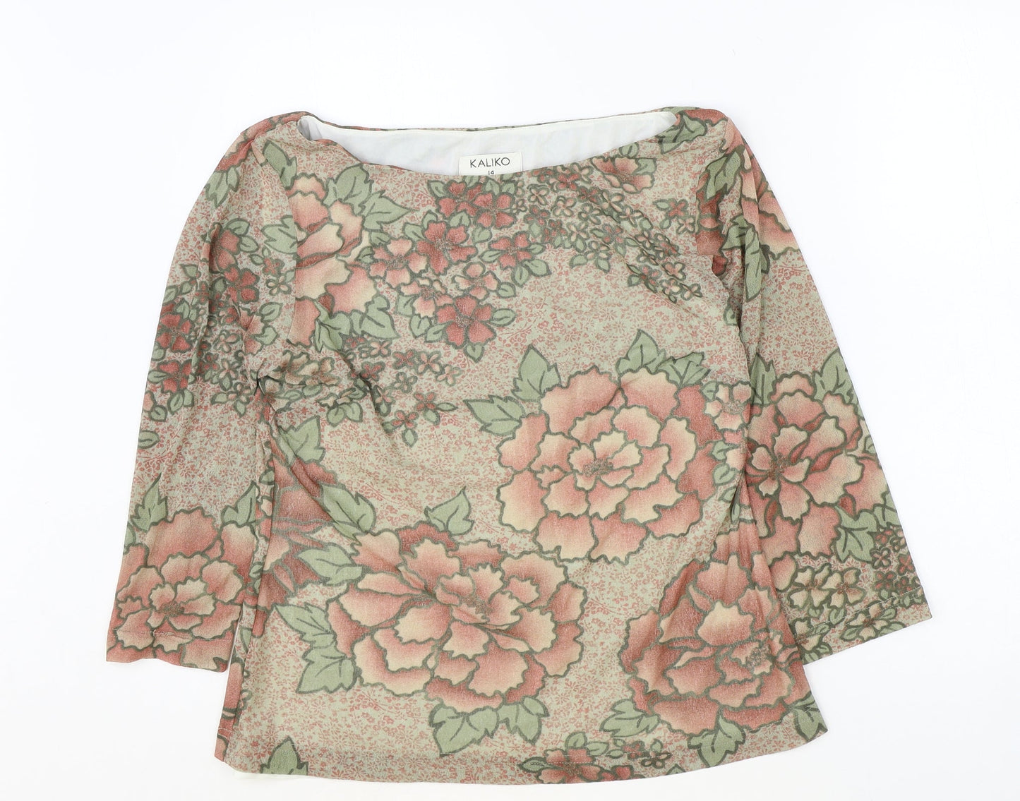 Kaliko Womens Brown Floral Polyester Basic Blouse Size 14 Boat Neck