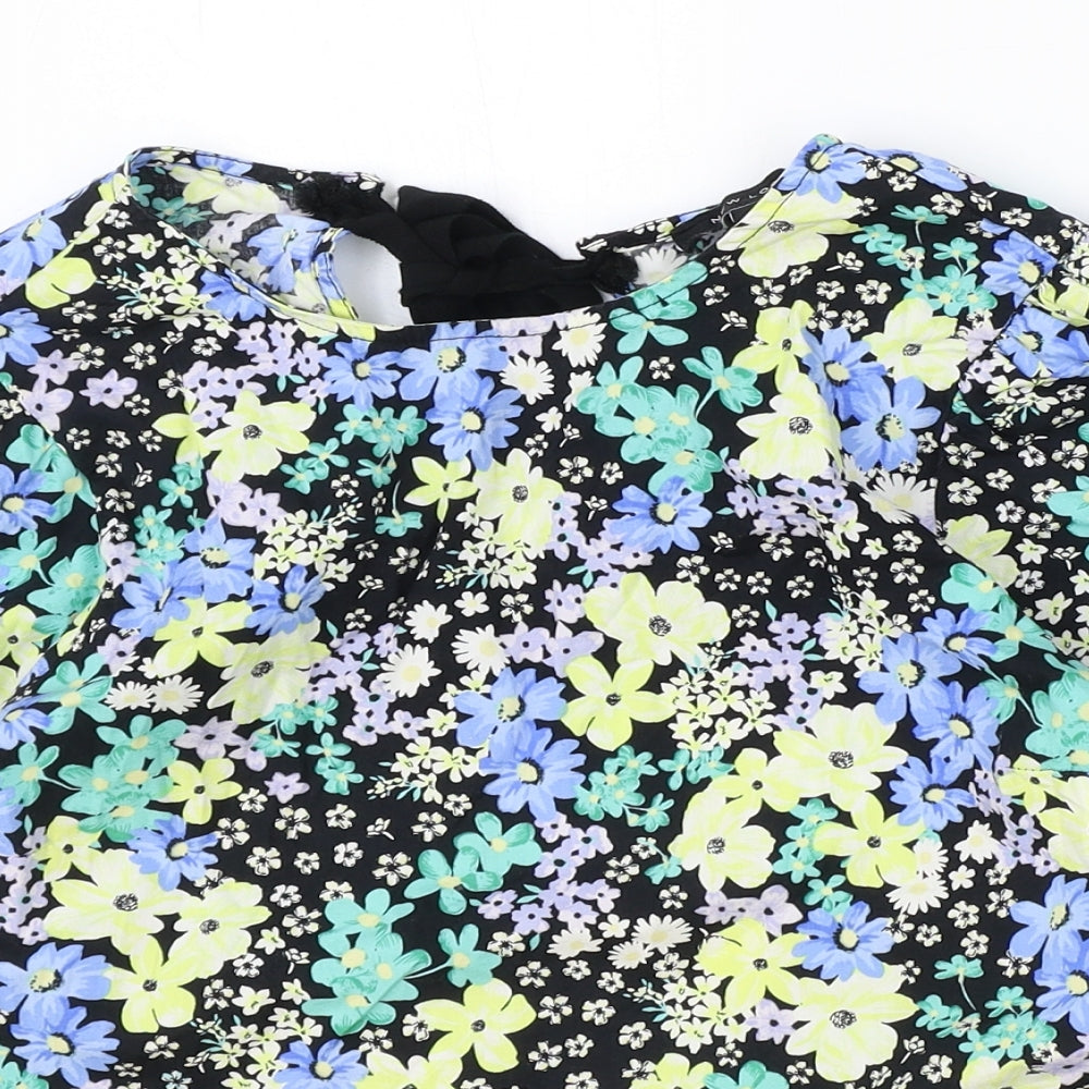 New Look Womens Black Floral 100% Cotton Basic Blouse Size 10 Round Neck