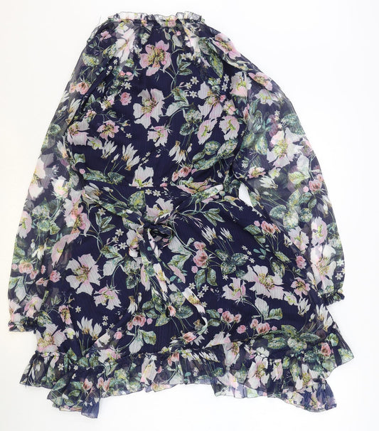TJD Womens Blue Floral Polyester A-Line Size XS V-Neck Tie