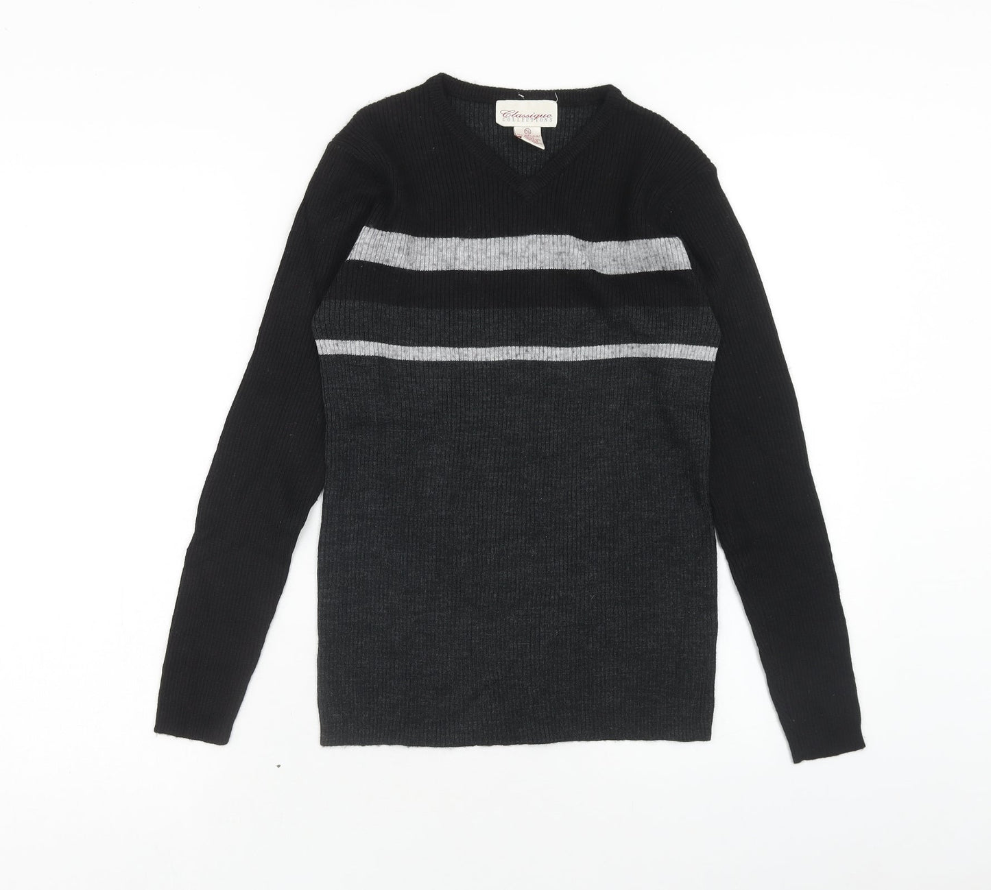 Classique Womens Black V-Neck Striped Acrylic Pullover Jumper Size M