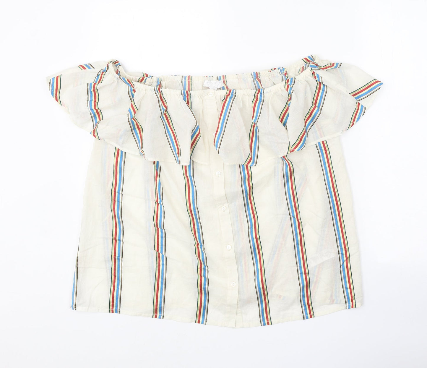 Monsoon Womens White Striped Cotton Basic Blouse Size L Off the Shoulder