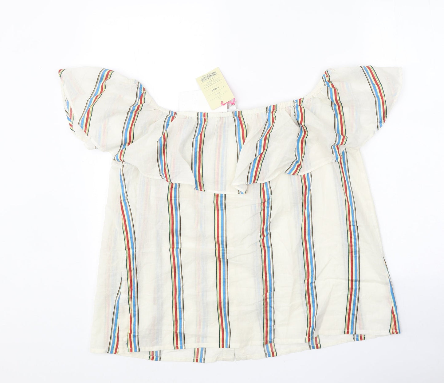 Monsoon Womens White Striped Cotton Basic Blouse Size L Off the Shoulder