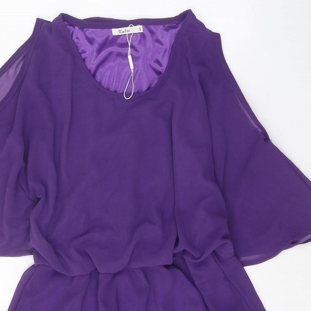 Katie Womens Purple Rayon A-Line Size S Round Neck Pullover - Cold Shoulder