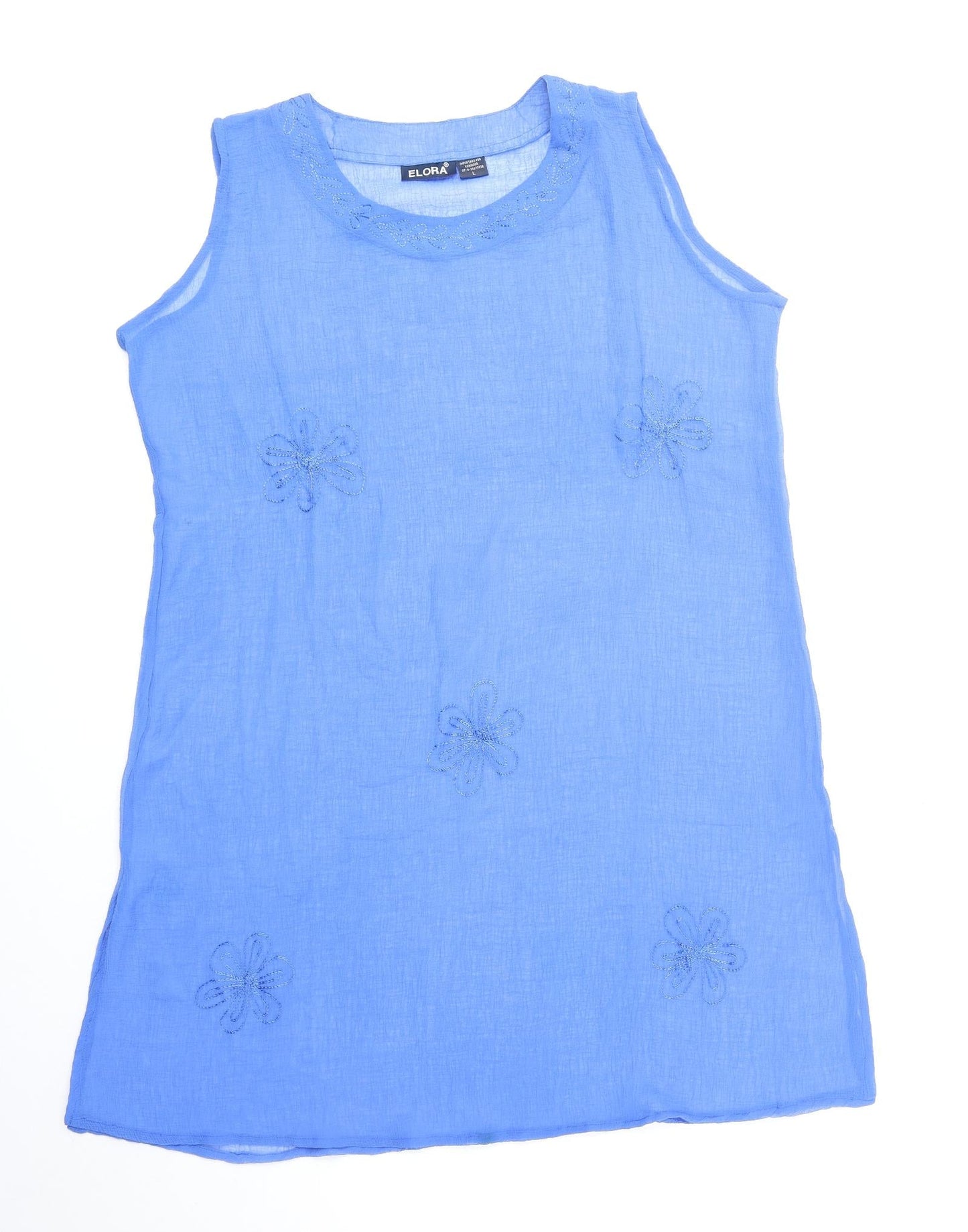 Elora Womens Blue Floral Polyester Basic Tank Size L Round Neck