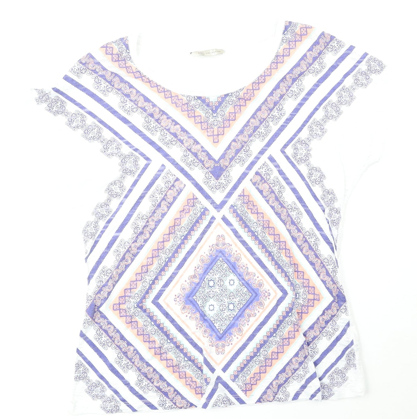 Marks and Spencer Womens Multicoloured Geometric Cotton Basic Blouse Size 10 Round Neck