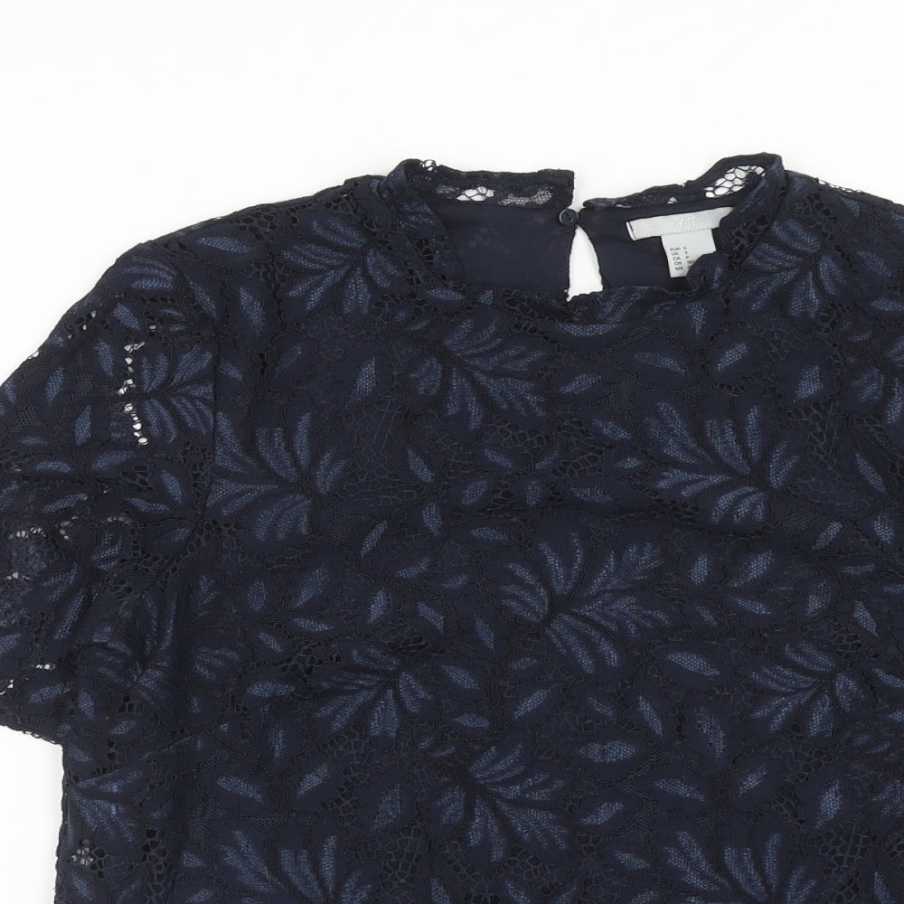 H&M Womens Blue Floral Viscose Basic Blouse Size S Round Neck