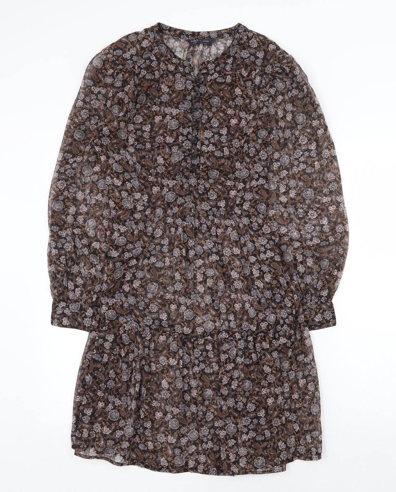 Marks and Spencer Womens Brown Floral Polyester A-Line Size 6 Round Neck Button