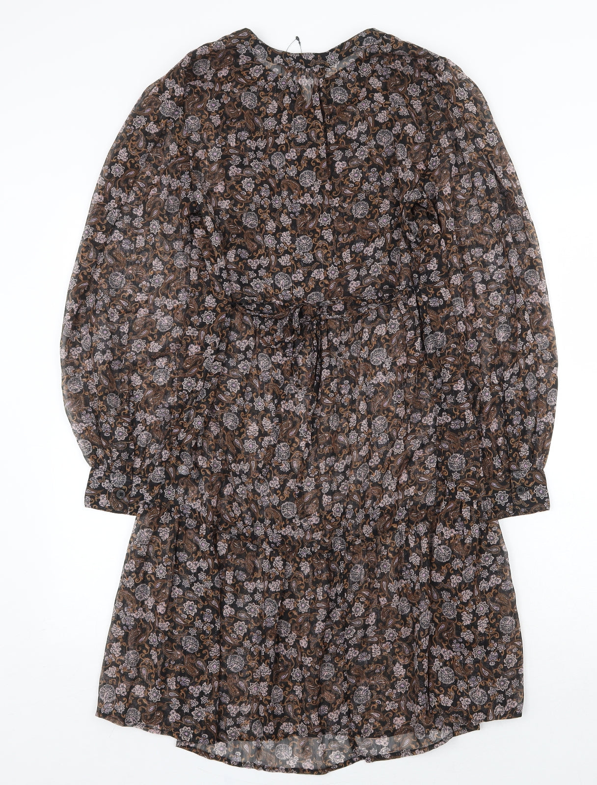 Marks and Spencer Womens Brown Floral Polyester A-Line Size 6 Round Neck Button