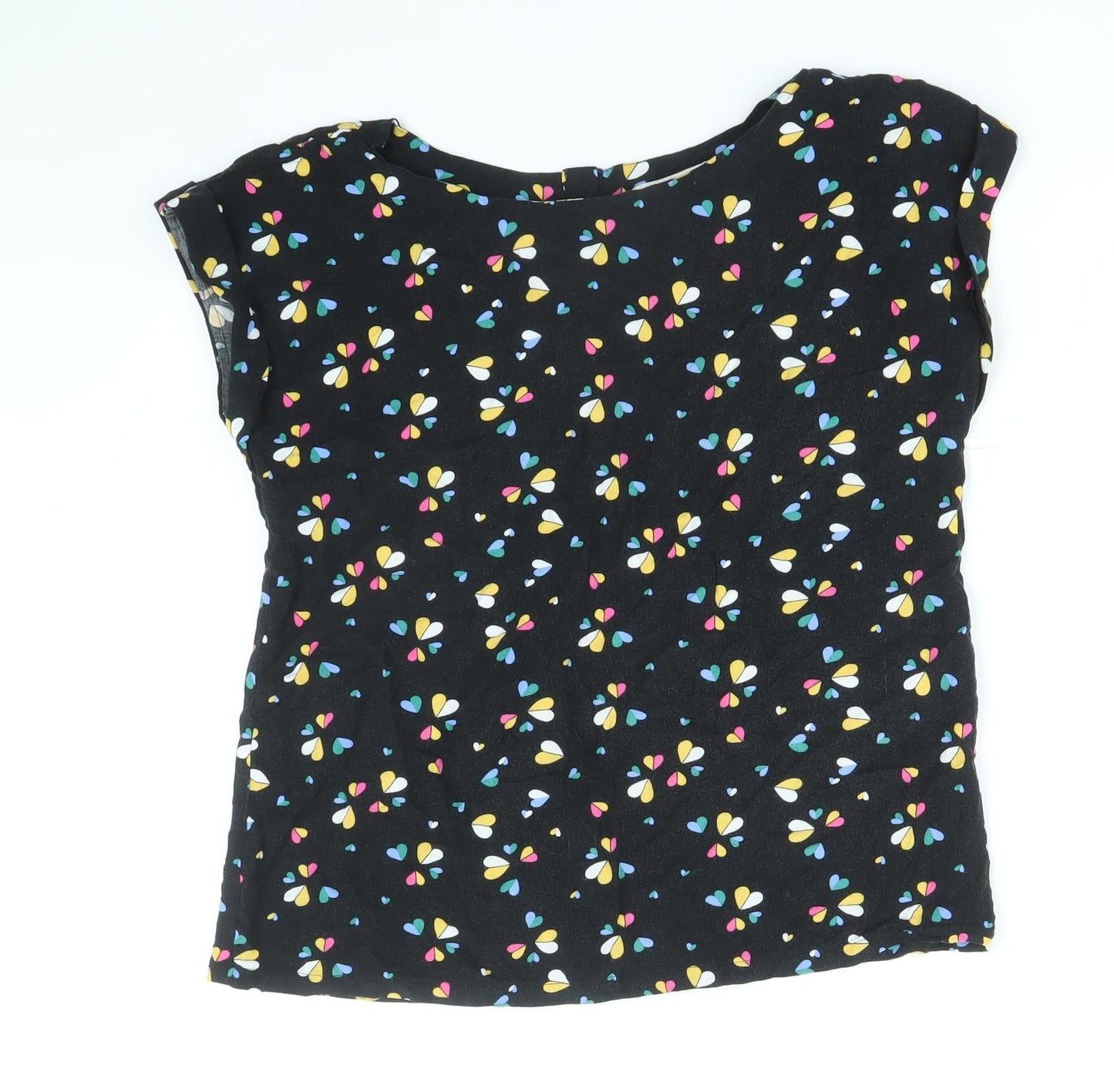 Louche Womens Black Geometric Viscose Basic T-Shirt Size 8 Boat Neck - Hearts