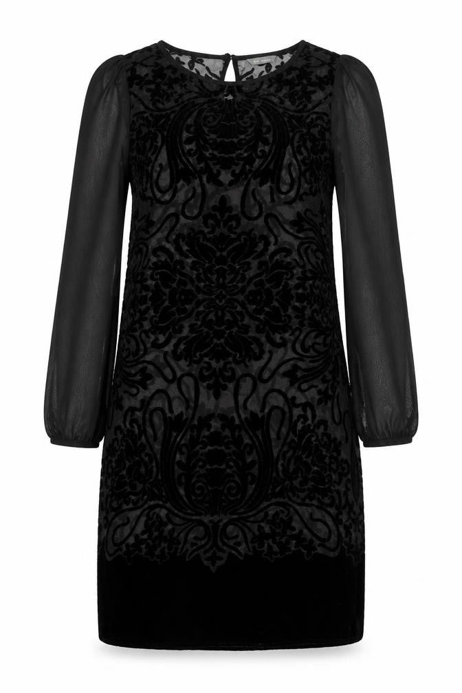 Marks and Spencer Womens Black Paisley Viscose Sheath Size 12 Boat Neck Button - Sheer Sleeves