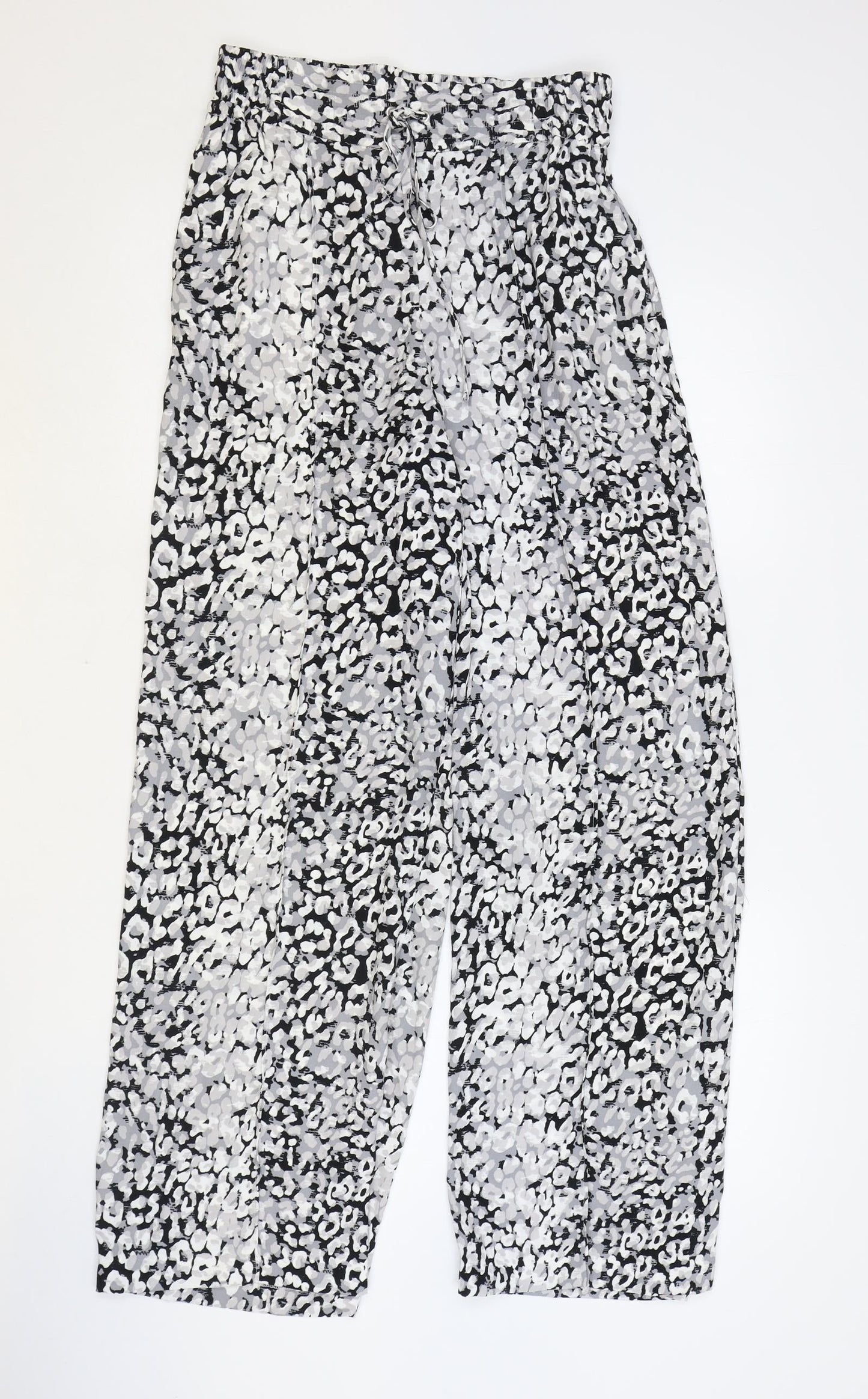 Marks and Spencer Womens Grey Animal Print Polyester Trousers Size 8 Regular Drawstring - Leopard Pattern