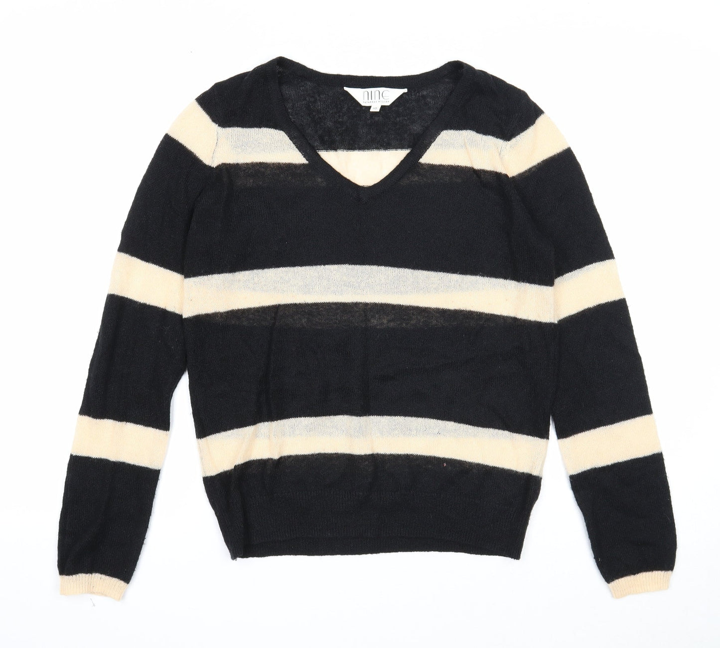 Nine Womens Black V-Neck Striped Acrylic Pullover Jumper Size 10