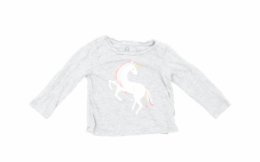 Gap Girls Grey Cotton Basic T-Shirt Size 12-18 Months Round Neck Pullover - Unicorn Print