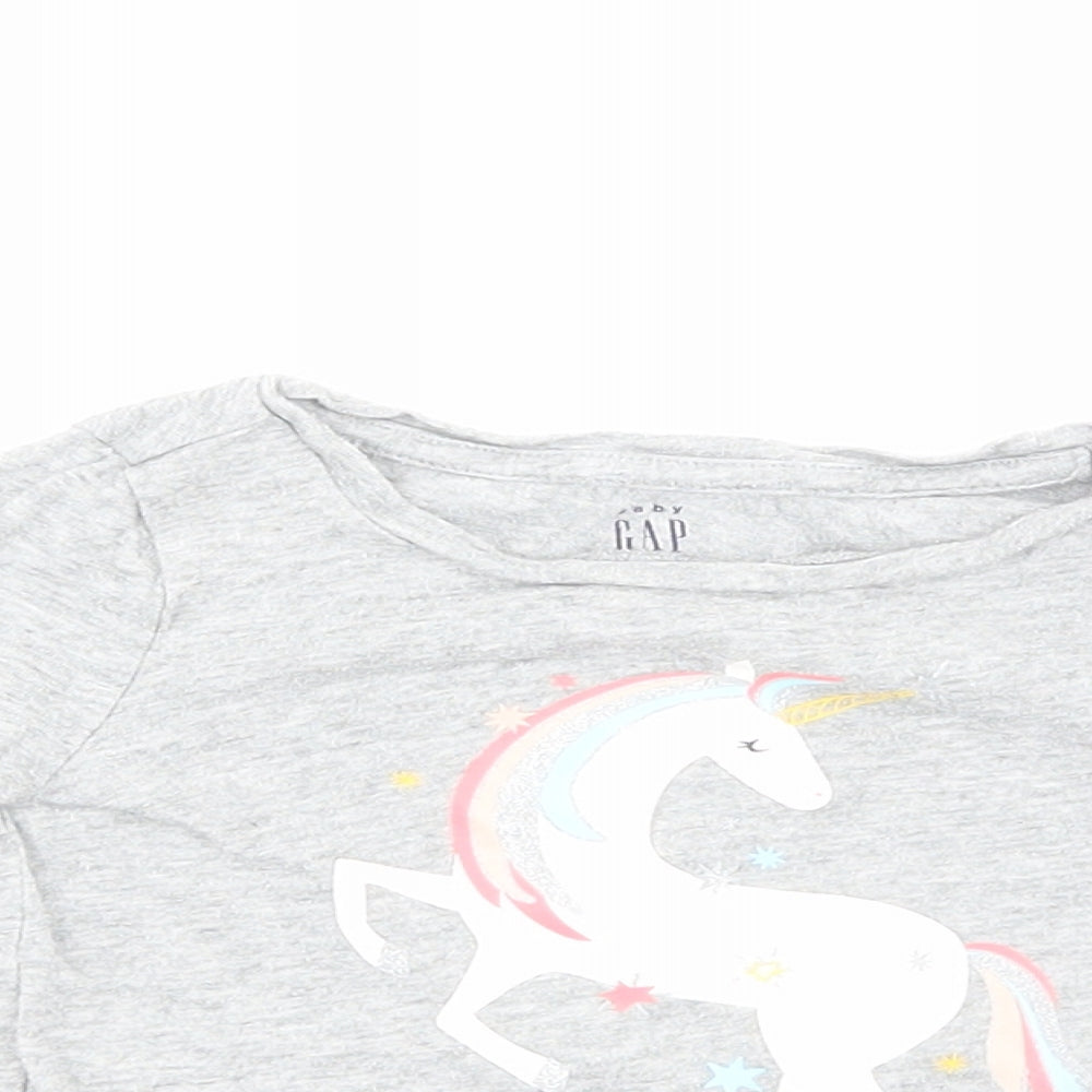 Gap Girls Grey Cotton Basic T-Shirt Size 12-18 Months Round Neck Pullover - Unicorn Print