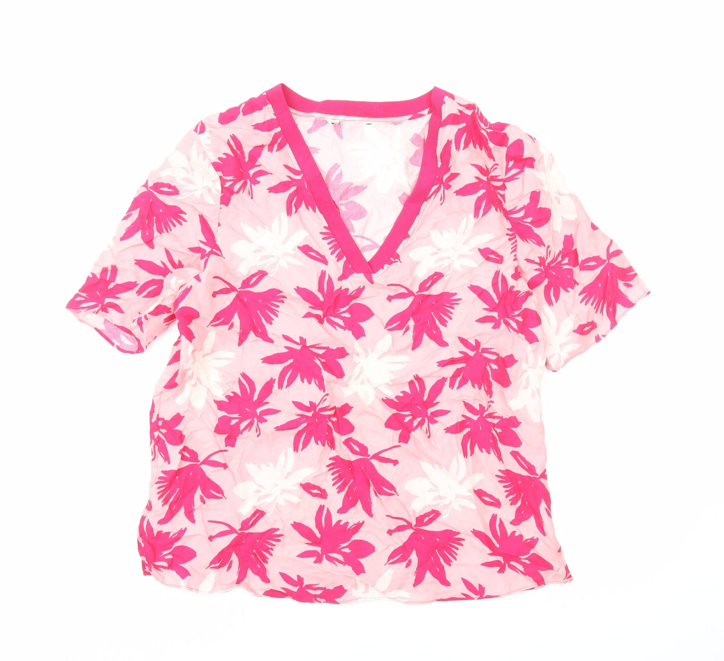 Preworn Womens Pink Floral Polyester Basic T-Shirt Size M V-Neck