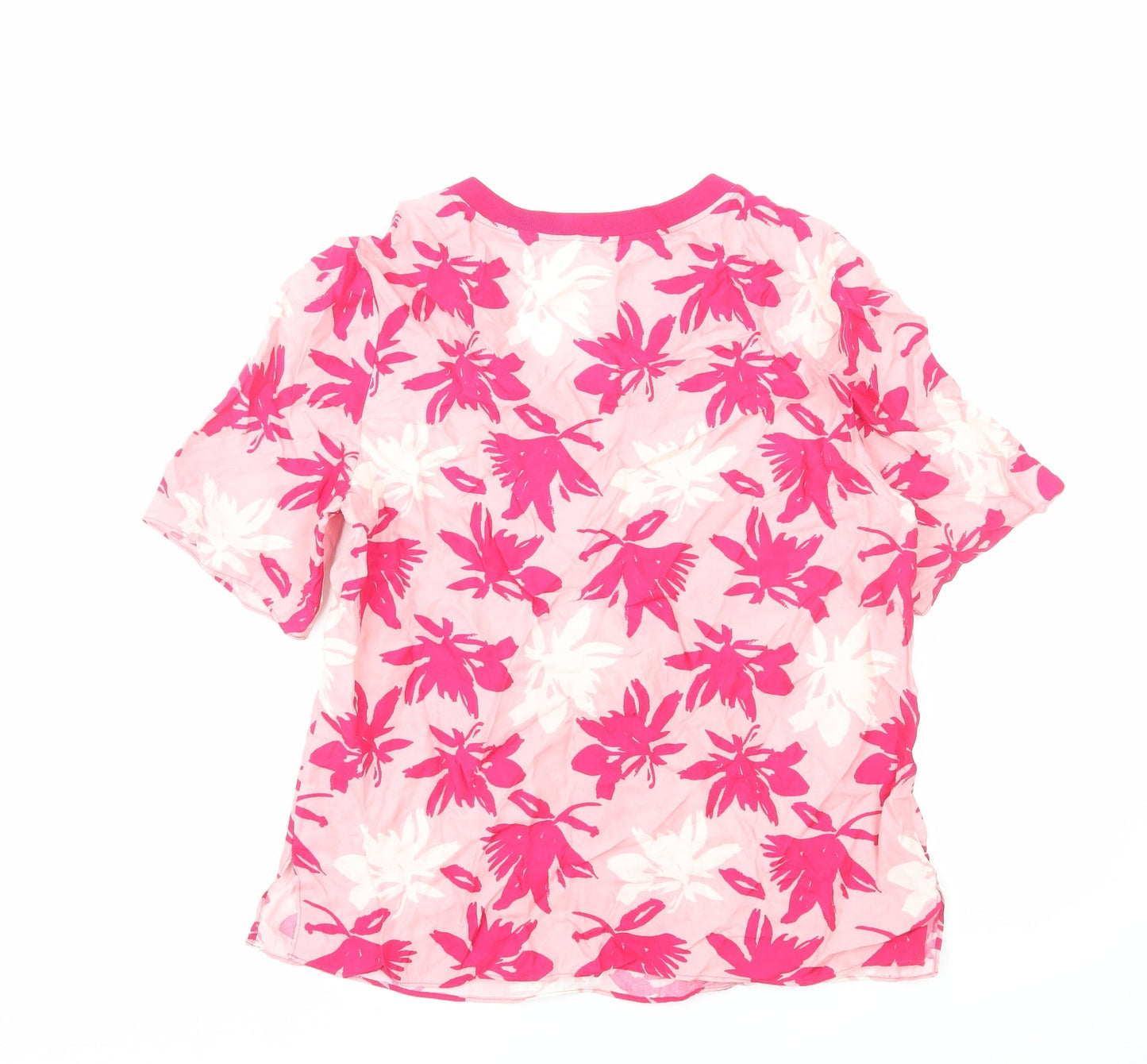 Preworn Womens Pink Floral Polyester Basic T-Shirt Size M V-Neck