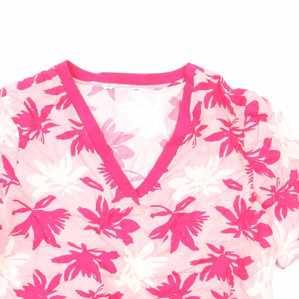 Preworn Womens Pink Floral Polyester Basic T-Shirt Size M V-Neck