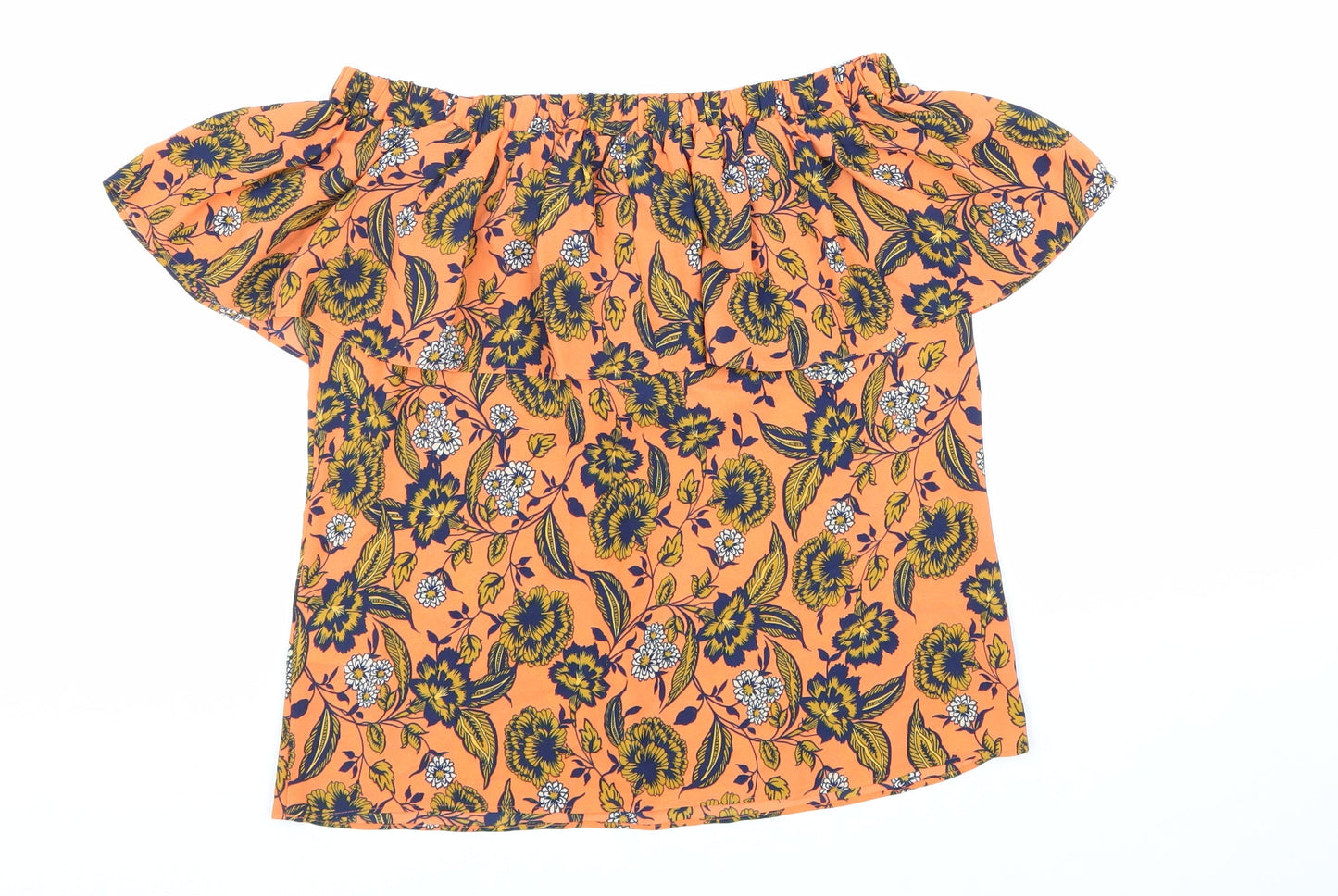 Peacocks Womens Orange Floral Polyester Basic Blouse Size 8 Off the Shoulder - Bardot