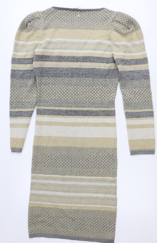 Patrizia Pepe Womens Beige Striped Viscose Jumper Dress Size 6 V-Neck Pullover