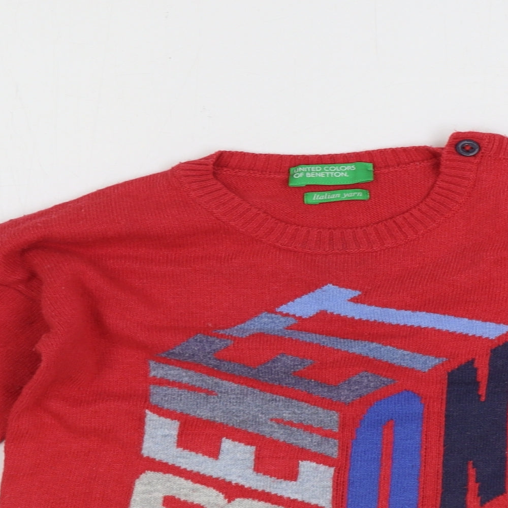 Benneton Boys Red Cotton Pullover Jumper Size 12-18 Months Button