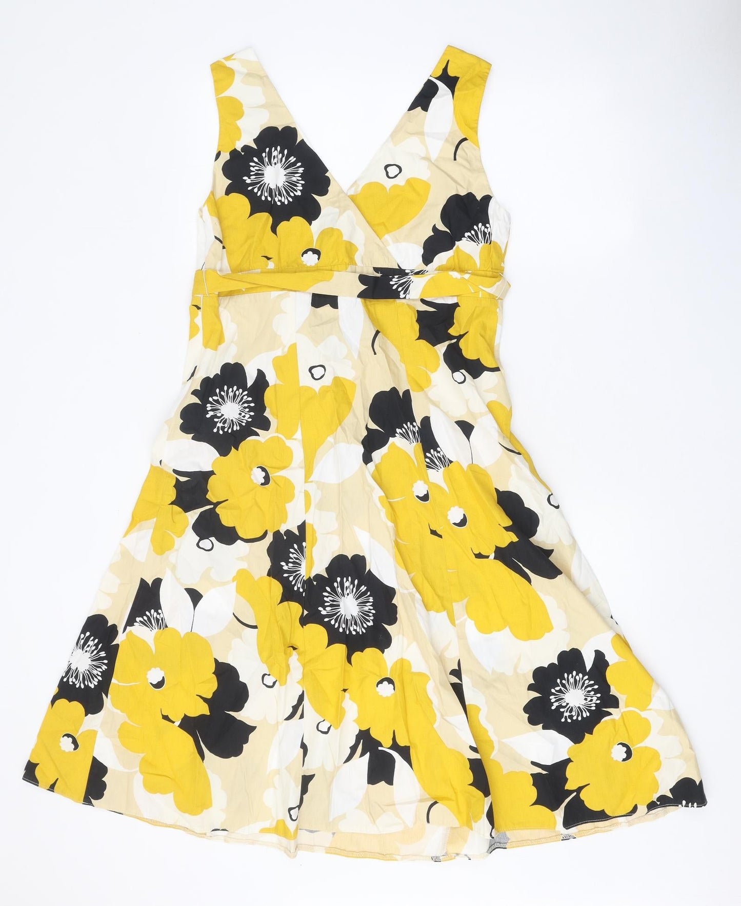 Preworn Womens Yellow Floral Polyester Skater Dress One Size V-Neck Zip