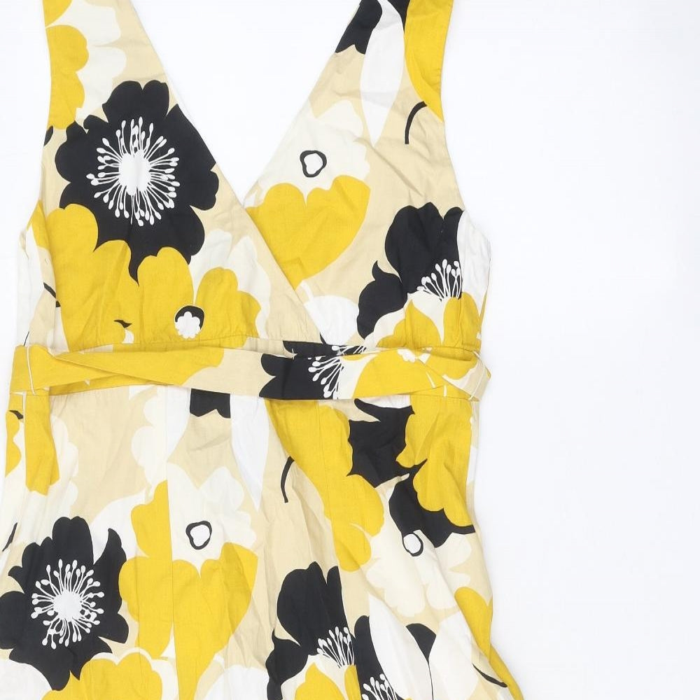 Preworn Womens Yellow Floral Polyester Skater Dress One Size V-Neck Zip