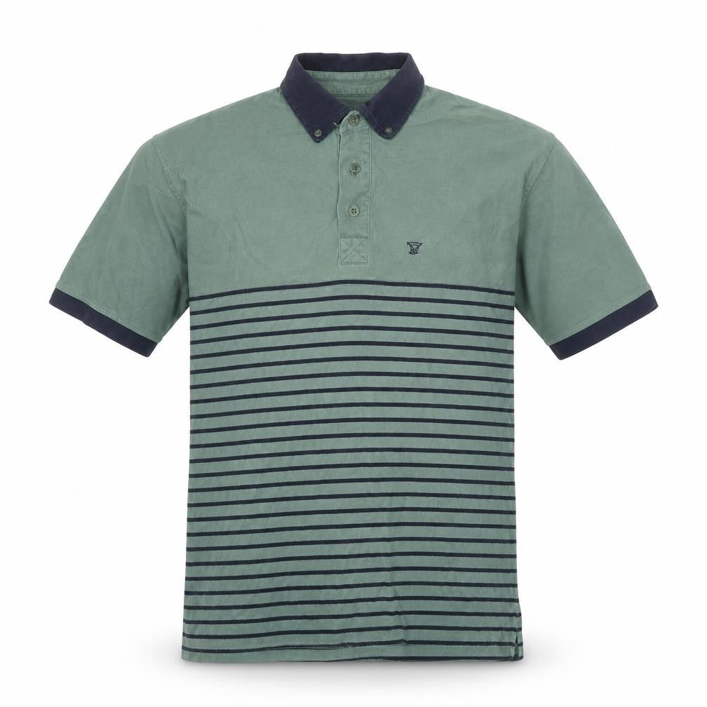 EWM Mens Green Striped 100% Cotton Polo Size M Collared Button