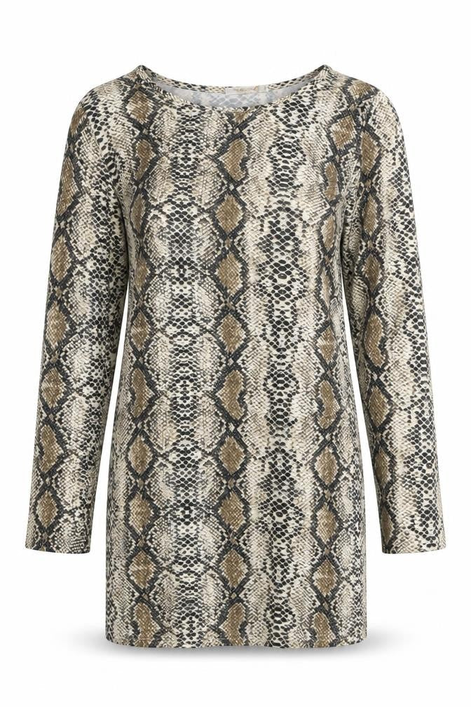 Mallisa Womens Brown Animal Print Viscose Mini One Size Boat Neck Pullover - Snake Print