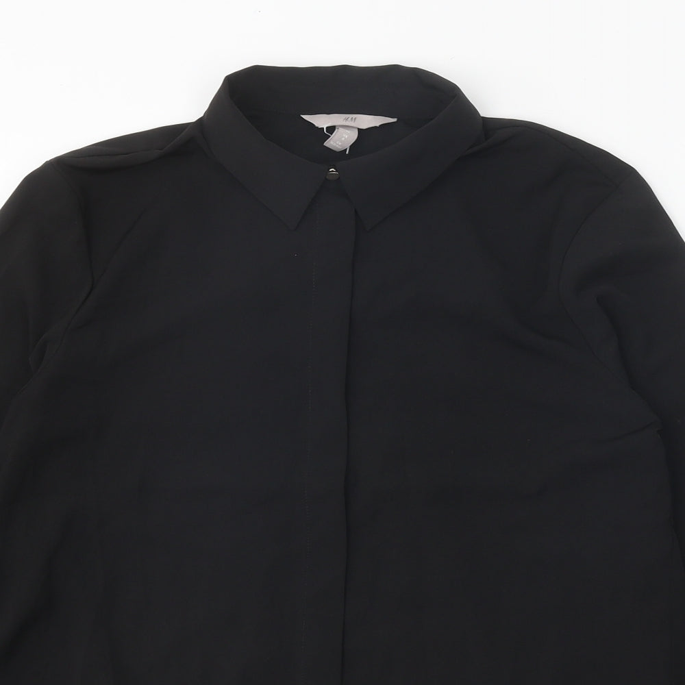 H&M Womens Black Polyester Basic Button-Up Size 8 V-Neck