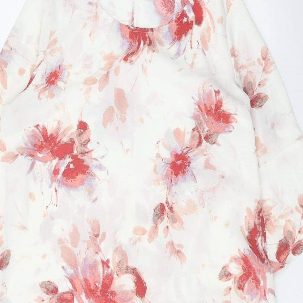 Damart Womens White Floral Polyester Sheath Size 14 Boat Neck Button - Flared Sleeves