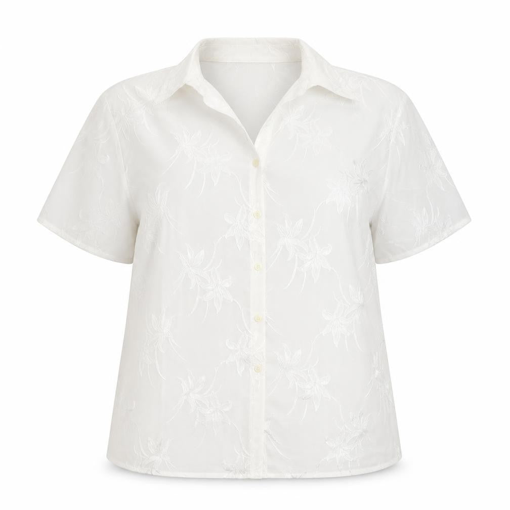 The Pearl Collection Womens White Geometric Polyester Basic Button-Up Size 18 V-Neck