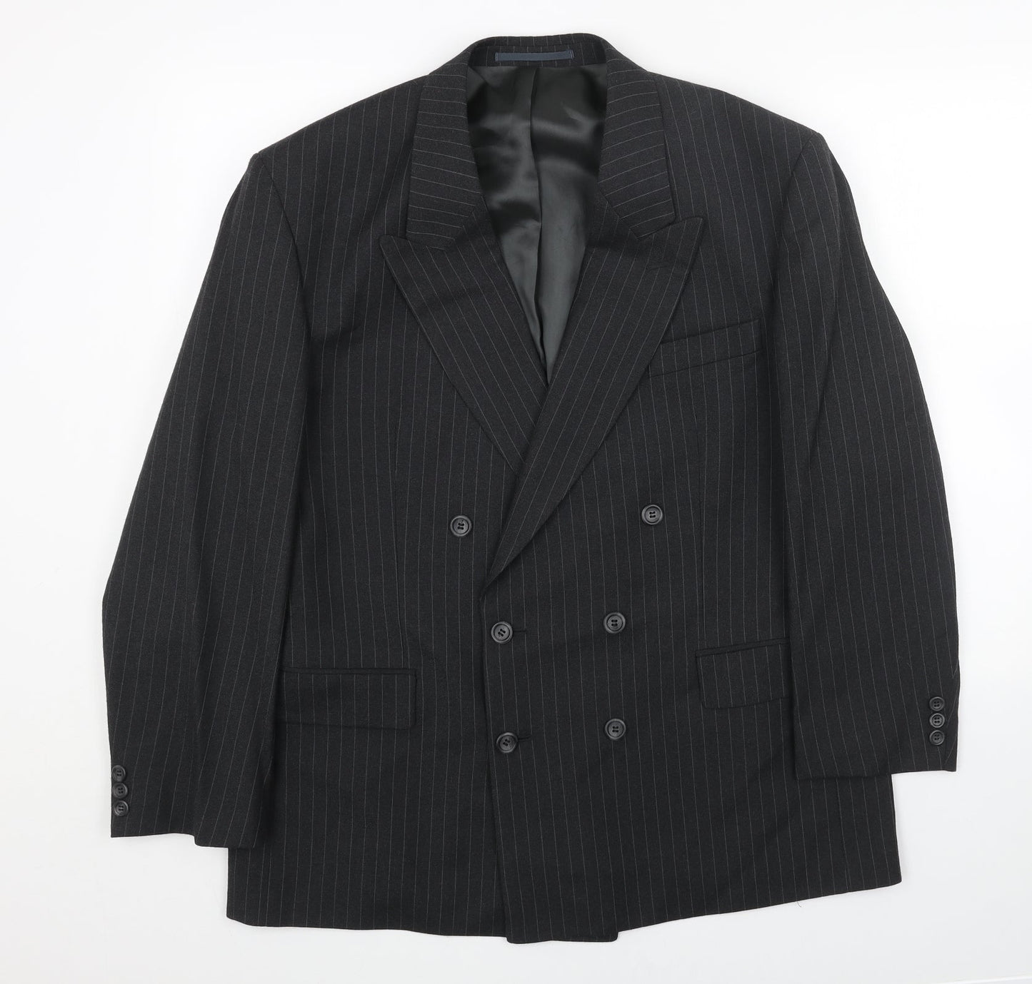 Preworn Mens Black Striped Polyester Jacket Blazer Size 44 Regular